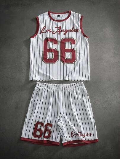 Manfinity Joysei Men's Knit Digital Print Tank Top Set, Fashionable For Daily Wear