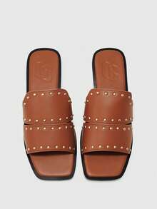 CUCCOO BIZCHIC Women's Rivet Design Casual Fashionable Slip-On Flat Sandals - Camel - View 2