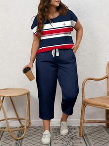EMERY ROSE Nautical Striped Print Plus Size 2 Pieces Set, Suitable For Vacation - Multicolor - View 1