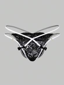 1pc Men's Black Sexy Lace Bowknot Ribbon Thong Underwear - Black - View 3