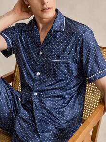 Men's Navy Blue Retro British Geometric Print Short Sleeve Shorts Pajama Set - Navy Blue - View 6