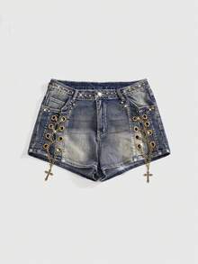 ROMWE Women's Y2K Sexy Bombshell Chain Decor Cross Low-Waist Mini Denim Shorts - Blue - View 1