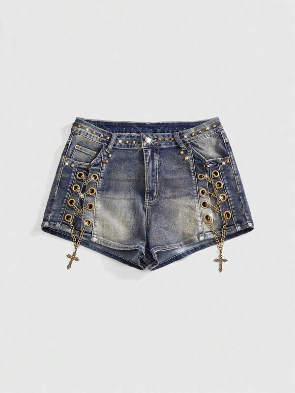 ROMWE Grunge Punk 大码夏季时尚3D交叉绑带牛仔短裤