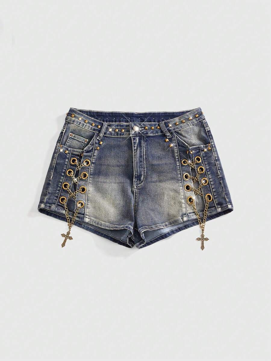 ROMWE Women's Y2K Sexy Bombshell Chain Decor Cross Low-Waist Mini Denim Shorts - Blue - View 1