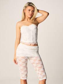 MISSGUIDED Delicate Lace Fold Over Capri Length Pants High Waisted Stretchy Fitted Semi Sheer Summer Evening Bottoms - White - View 1