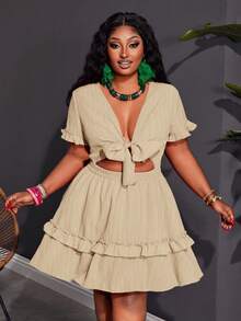 Slaydiva Plus Size Women's Boho Beige Summer Mini Dress,Holiday Night Out Club Chest Tie Front Ruffle Trim A-Line Casual Vacation Short Sleeve - Apricot - View 8