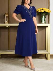 Modelyn Plus Size V-Neck Short Sleeve Rhinestone Embellished Dress - Blue - View 6