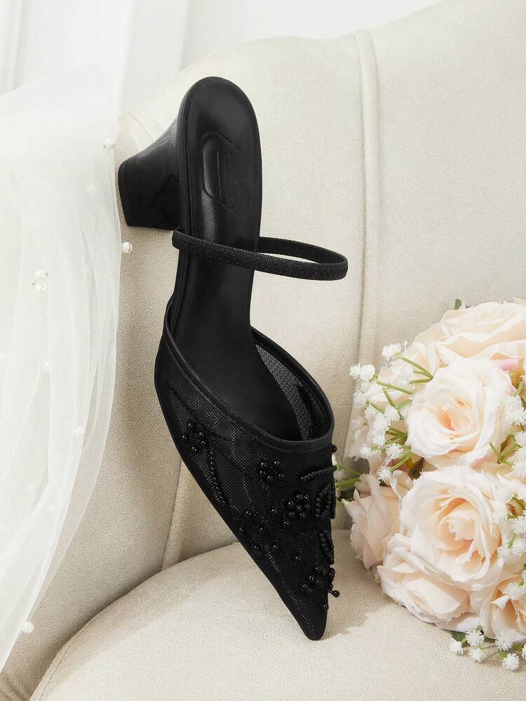 CUCCOO HITCHD Women Shoes Spring Summer Pearl Embroidery Pointed Toe Instep Sticking Heel Shoes Coarse Heel Mesh Women's Shoes Solid Color Women's High Heel Shoes Daily Commuter Dating Party