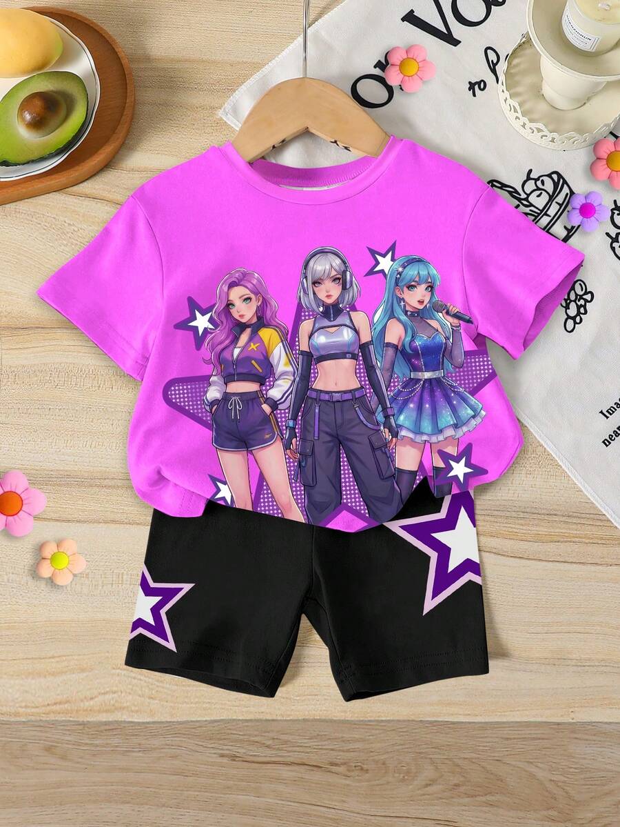 两件套少女休闲时尚韩流卡通女孩五角星印花短袖圆领T恤和配套短裤套装，舒适T恤套装，适合少女日常和假日穿着。 - 彩色 - 查看 1