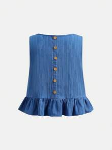 SHEIN 少女休闲纹理编织蓝色无袖上衣和直筒裤套装，适合度假、派对、优雅场合、返校季、春夏户外度假、家庭野餐、日常穿着。 - 藍色 - 查看 8