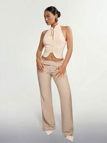 SHEIN ICON Retro Chinese Style Mandarin Collar Button-Up Tie-Waist Halter Top - Beige - View 4