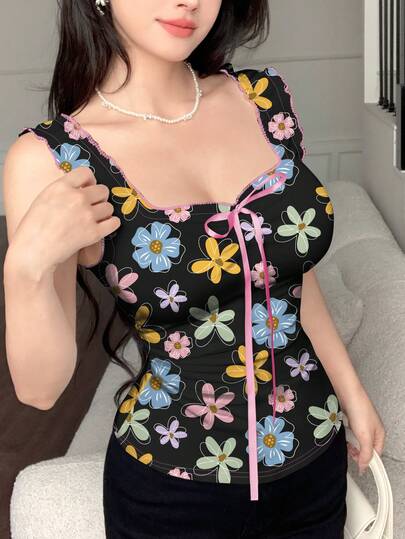 Modelyn Áo hai dây ôm sát màu đen in họa tiết hoa nhiều màu sắc, kiểu dáng thời trang, thắt nơ, thích hợp cho kỳ nghỉ hè và mặc hàng ngày dành cho nữ.