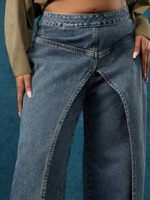 Vixey Jeans de pierna ancha de talle alto con panel asimétrico - Azul lavado oscuro - Ver 3