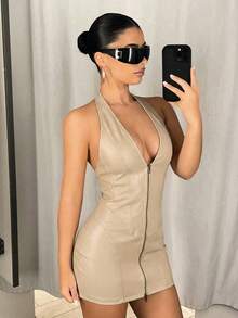 SHEIN ICON 深V领露背拉链修身迷你PU连衣裙 - 杏色 - 查看 5