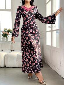 Al Najma Women's Floral Print Long Sleeve Elegant Dress - Multicolor - View 4