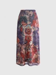 ROMWE Avant Chân váy lưới xẻ tà bên hông in hình Phật theo phong cách Trung Hoa cổ điển dành cho nữ. - màu đen - Xem 10