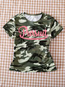 Tween Girls' Camouflage Letter Print Round Neck Short Sleeve T-Shirt - Army Green - View 7