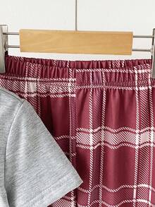 两件套男童休闲灰色圆领短袖上衣和红色格子裤套装，夏季家居服 - 紅色 - 查看 7