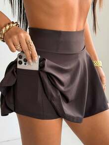 SHEIN EZwear 棕色针织女式纯色短裙裤，带口袋 - 棕色 - 查看 5