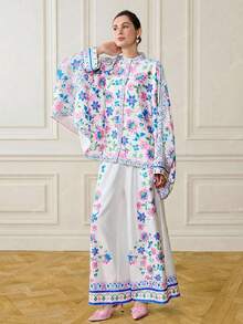 LOTSLUV Conjunto de 2 peças com Camisa Oversized de Manga Morcego Estampada e Calça Estampada, Estilo do Oriente Médio - Branco - Visão 5