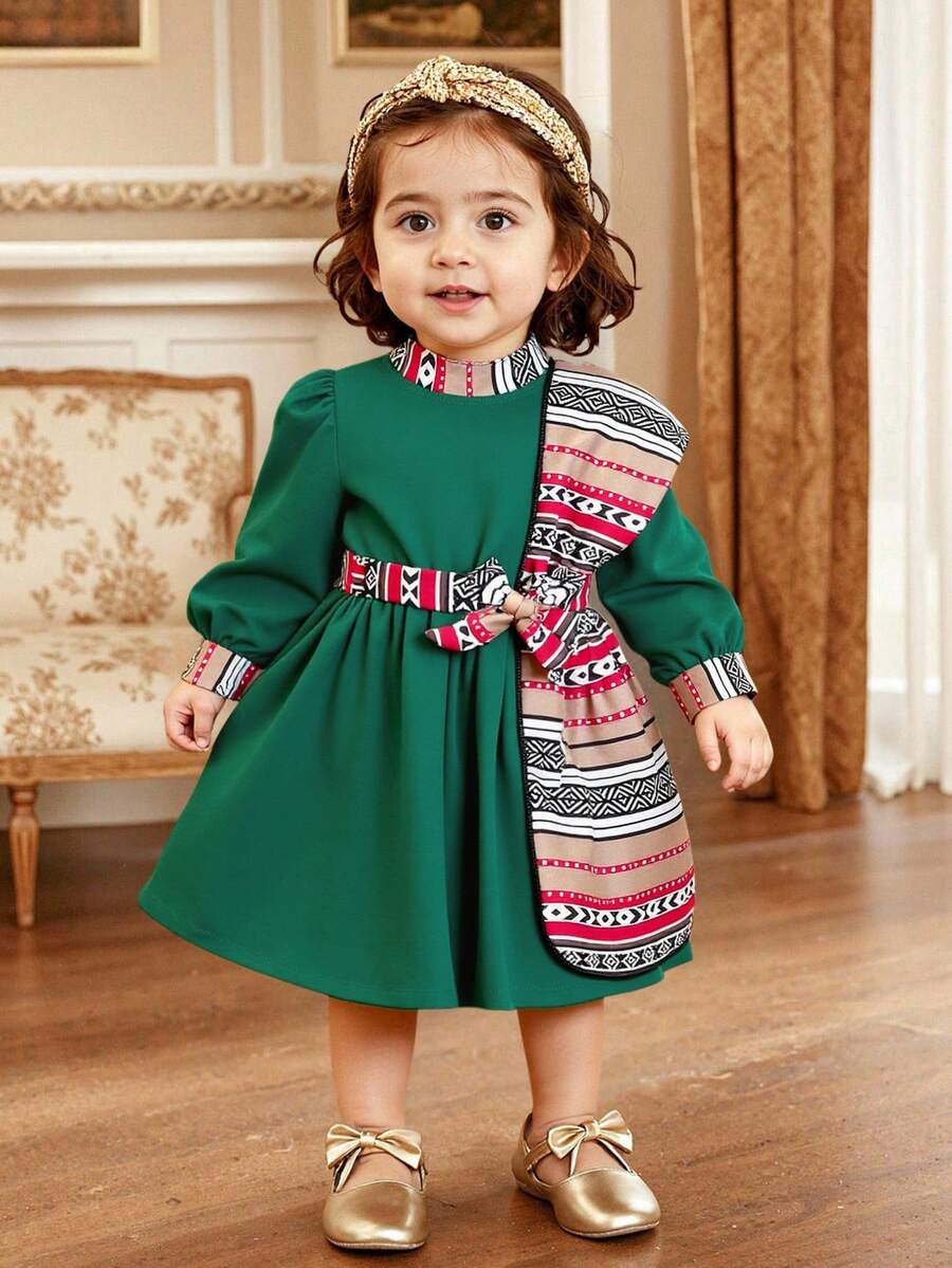 SHEIN 女婴春秋季新款黑色泡泡袖印花披肩领连衣裙，优雅休闲/假日连衣裙 - 綠色 - 查看 1