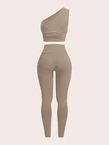 SHEIN EZwear New Spring/Summer Knitted Women Khaki Sports & Casual Multi-Piece Outdoor Suit Nude Two Piece Set Two Piece Set Curve Tights Two Piece Set Women Beige Two Piece Set Legging Two Piece Set - Khaki - View 3