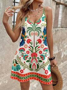 Sylviya Vestido mini casual de mujer con estampado floral retro, adecuado para primavera/verano, vacaciones - Multicolor - Ver 4