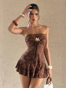 Bluhae Women's Printed Minimalist Daily Tube Dress - Coffee Brown - View 6