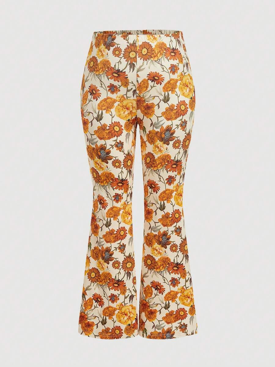 SHEIN MOD 大码女式印花弹力腰喇叭裤，休闲百搭，适合外出穿着，印花裤，花裤，喇叭裤，印花裤，嬉皮裤，夏季穿搭，夏季裤装，喇叭裤，女士夏季长裤，印花裤，女士度假装，Y2K风格，女士沙滩装，乡村音乐会服装，女士乡村服饰