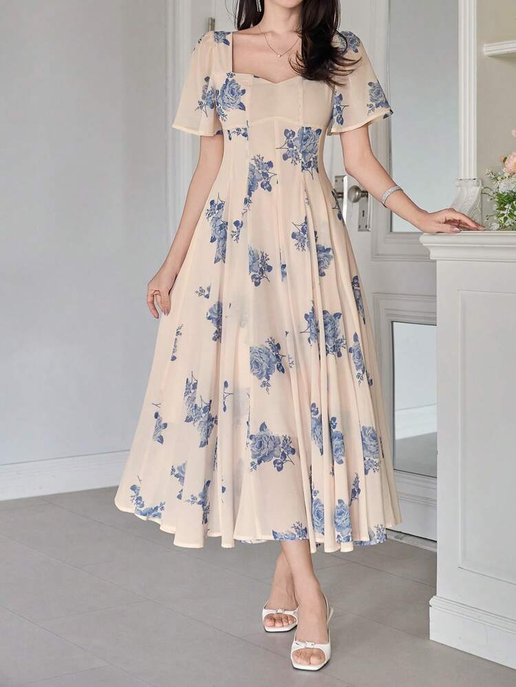 Women's Elegant Floral Print Square Neck Ruffle Sleeve Midi Dress, Summer Wedding Guest Dress Sundress
