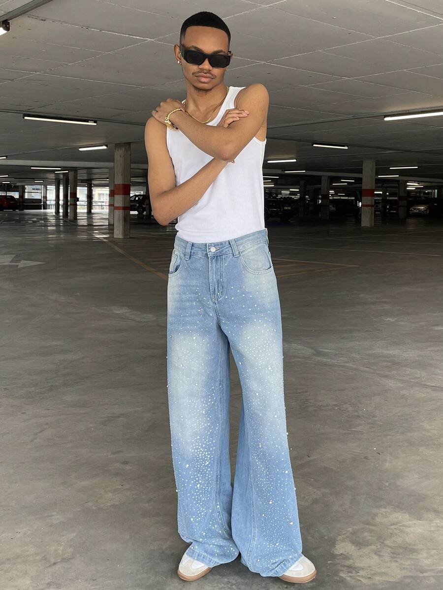 Ngobest Haus 1pc Men's Loose Fit Distressed Brick Print Denim Wide Leg Jeans - Blue - View 1