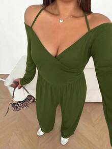 Sunnyshic Frilya 大码女士纯色露肩褶皱阔腿休闲连体裤 - 軍綠色 - 查看 7