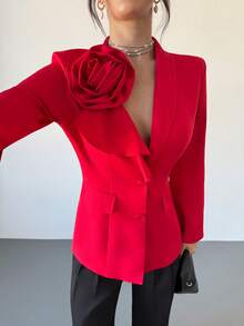 RiviMae Women's Asymmetric Collar Fitted Single-Breasted Slit Flared Sleeve Blazer Jacket - Red - View 6