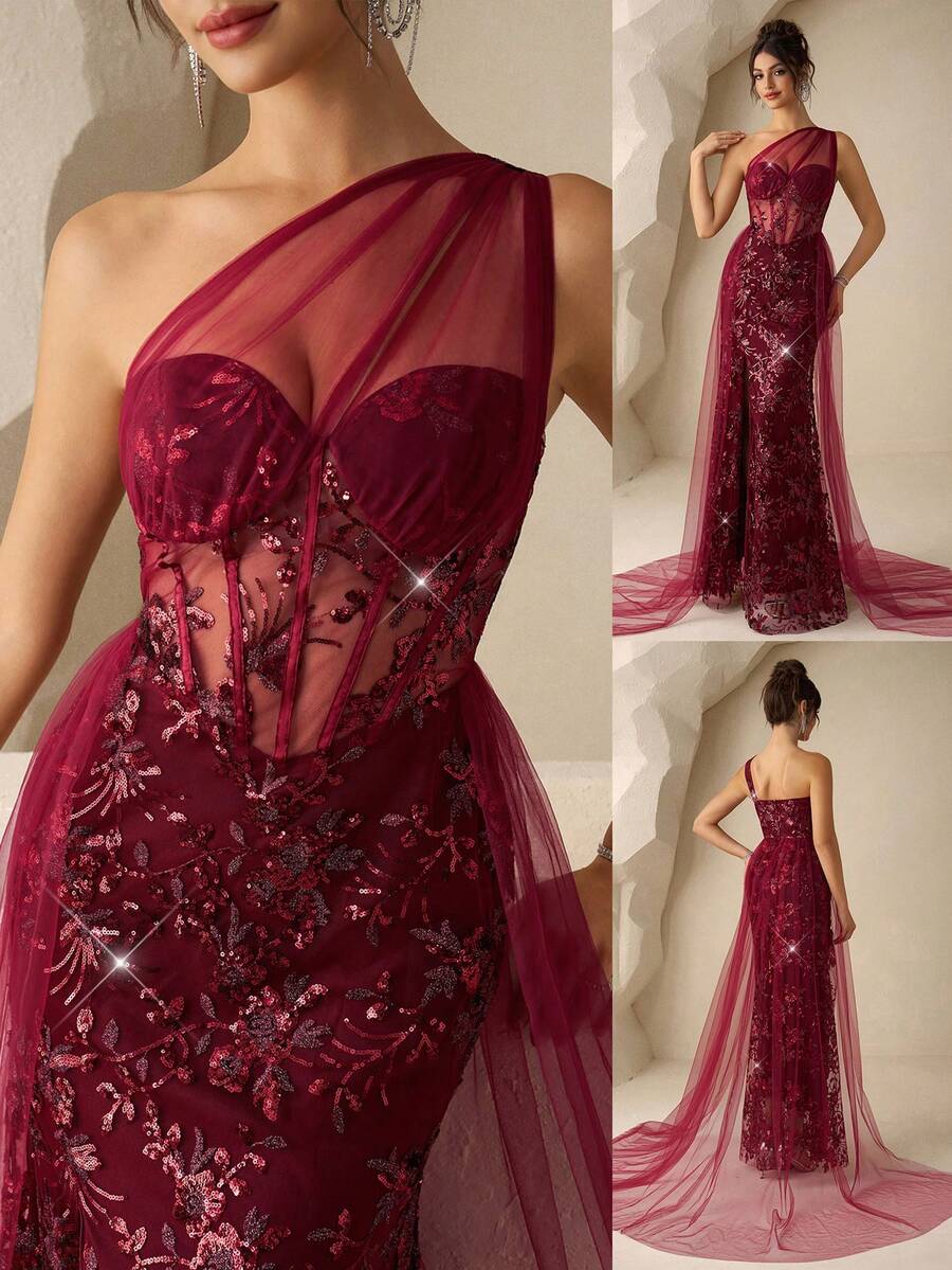 Coutiva 女士串珠网纱拼接不对称肩部开衩侧边网纱飘逸正式晚礼服 - 酒紅色 - 查看 1