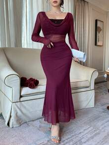 DAZY 女士网纱亮片拼接深V领性感休闲优雅连衣裙 - 紫色 - 查看 2