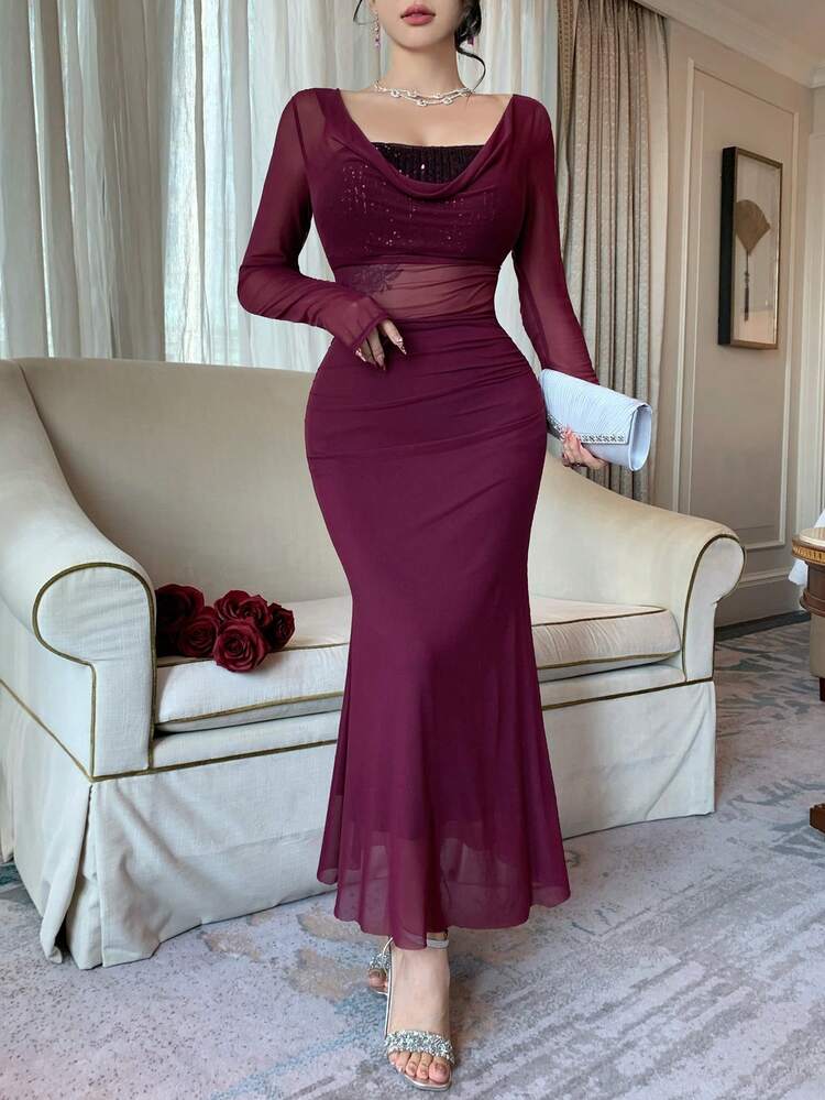 Women's Mesh Sequin Patchwork Plunging Neck Sexy Casual Elegant Dress Sundress