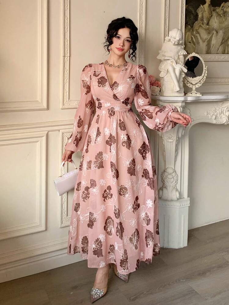 Women's V-Neck Cinched Waist Floral Embroidered Long Sleeve Dress Sundress