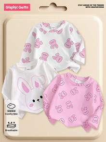 3件装女婴男女通用兔子图案长袖针织圆领上衣，休闲日常款，6个月-3岁，适合春、秋、冬三季穿着，卡通童装 - 彩色 - 查看 6