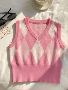 SHEIN Comfortcana Áo vest dệt kim cổ chữ V họa tiết hình thoi dành cho nữ, kiểu dáng thường ngày, đa năng, thích hợp cho mùa thu/đông. - Màu Hồng baby - Xem 7