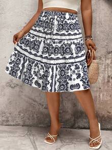 EMERY ROSE Holiday Frill Trim Contrast Color Rope Multi-Functional Casual Pleated Plus Size Skirt - White - View 5