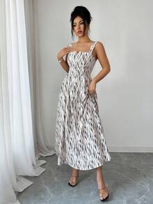 Elenzga Women's Asymmetrical Collar Waist Cinched Back Gathered Design Colorful Printed Fabric Loose Dress, Elegant Casual Vacation Vibe, Suitable For Carnival, Labor Day, Easter, Student, Campus, Beach Holiday, Travel, Garden, Summer New Fashion Essential - Multicolor - View 4