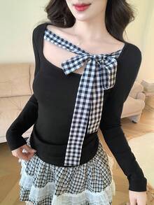 FRIFUL Damen Frühling/Sommer kariertes Schleife-Dekor Quadrat-Kragen Langarm Figurbetontes vielseitiges T-Shirt - Schwarz - Übersicht 3