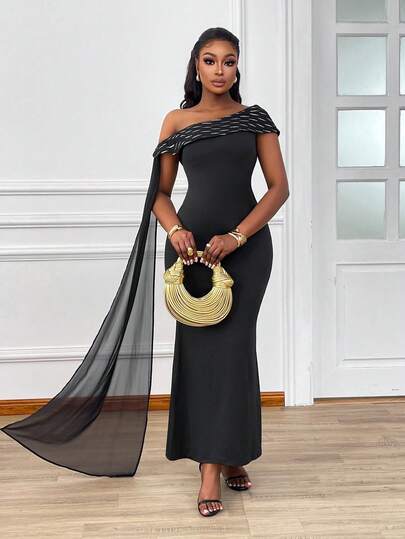 Xyvia Elegant Romantic Ruffle Off-Shoulder Fitted Long Dress, Suitable For Banquet, Party, Wedding