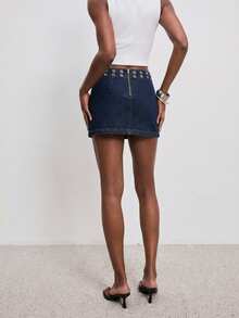 ATUI Studio Jupe mini en jean d'été respirante et polyvalente de couleur unie pour femmes - Bleu azur - Voir 3