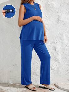 SHEIN Bộ đồ bầu thanh lịch, không tay cổ tròn xẻ tà bên hông, gồm áo hai dây và quần ống đứng cạp chun điều chỉnh được, gồm 2 món. - Xanh đậm - Xem 6