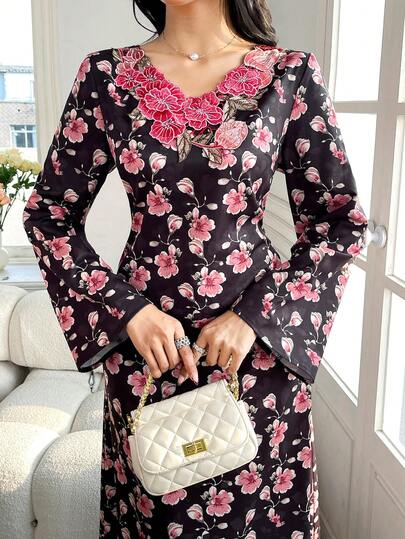 Al Najma Women's Floral Print Long Sleeve Elegant Dress