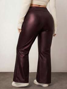 Enliva Quần ống loe cạp cao màu trơn bằng da giả PU dành cho nữ cỡ lớn - Cà phê nâu - Xem 4