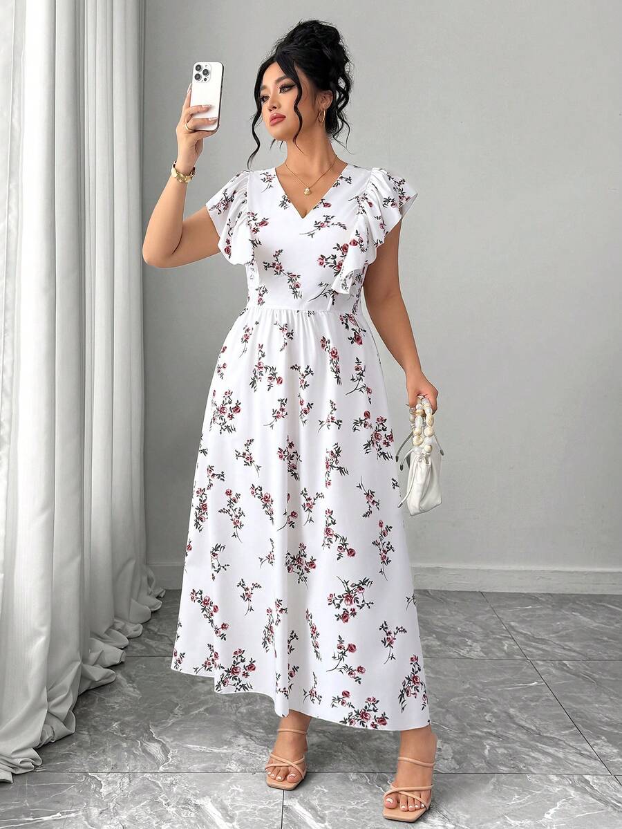 Elenzga Women Elegant White V Neck Long A Line Floral Random Print Dress With Ruffle Details And Sleeveless Design - White - View 1