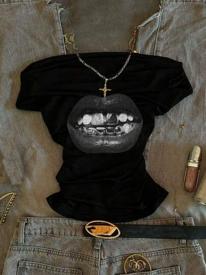 SHEIN EZwear Women's Casual Ruched Waist Shoulder Tight Fit Short Sleeve T-Shirt, Suitable For Summer, Subculture, Y2K, Hip-Hop, Grunge, Music Festivals, Parties, Gatherings, Personalized