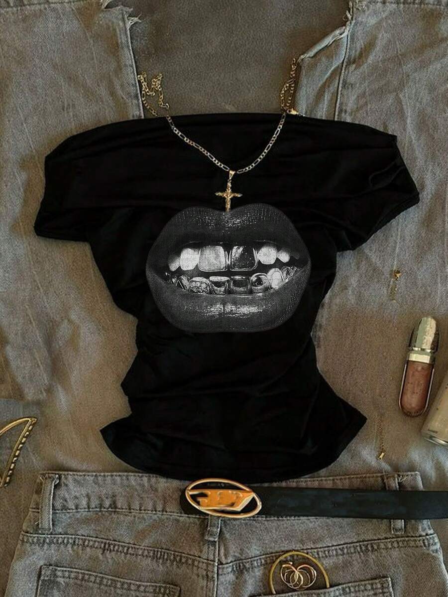 SHEIN EZwear Áo thun nữ tay ngắn dáng ôm, nhún eo, vai, thích hợp cho mùa hè, phong cách subculture, Y2K, hip-hop, grunge, lễ hội âm nhạc, tiệc tùng, tụ họp, cá nhân hóa. - màu đen - Xem 1